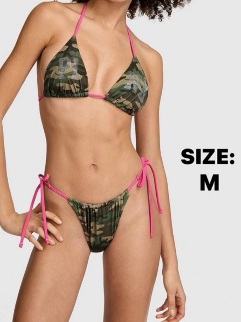 VS PINK 2 PIECE CAMO WITH BLING LOGO STRING BIKINI SWIMSUIT IN MEDIUM NEW